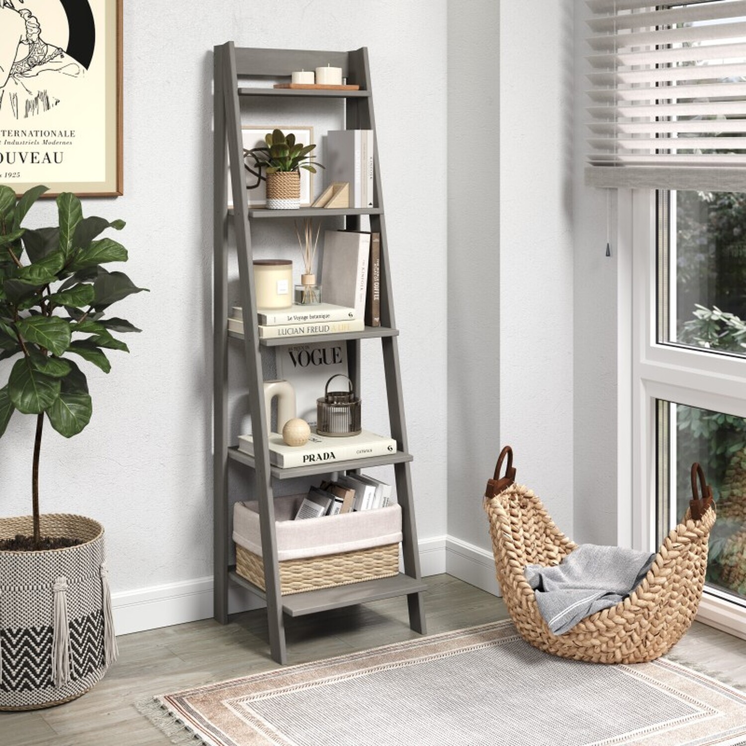 Mercers Furniture Corona Ladder Bookcase Solid Wooden Pine Wood Leaning Open Display - Grey