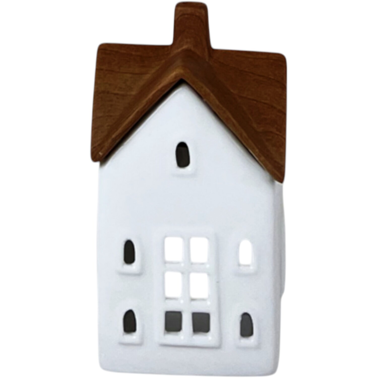 Four Candle White/Wood Grain Effect Ceramic House Tealight Holder in White