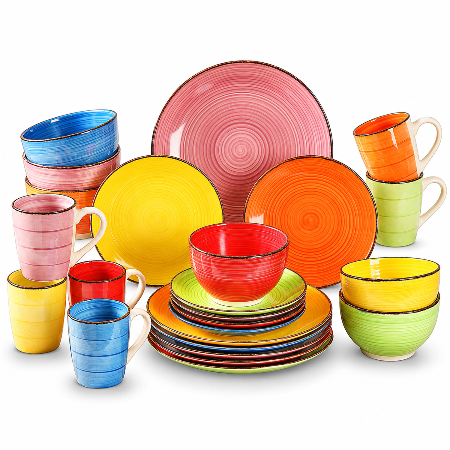 B&Q -  24Pc Hand Painted Assorted Bright Colourful Stoneware Dinner Set. - Image 3
