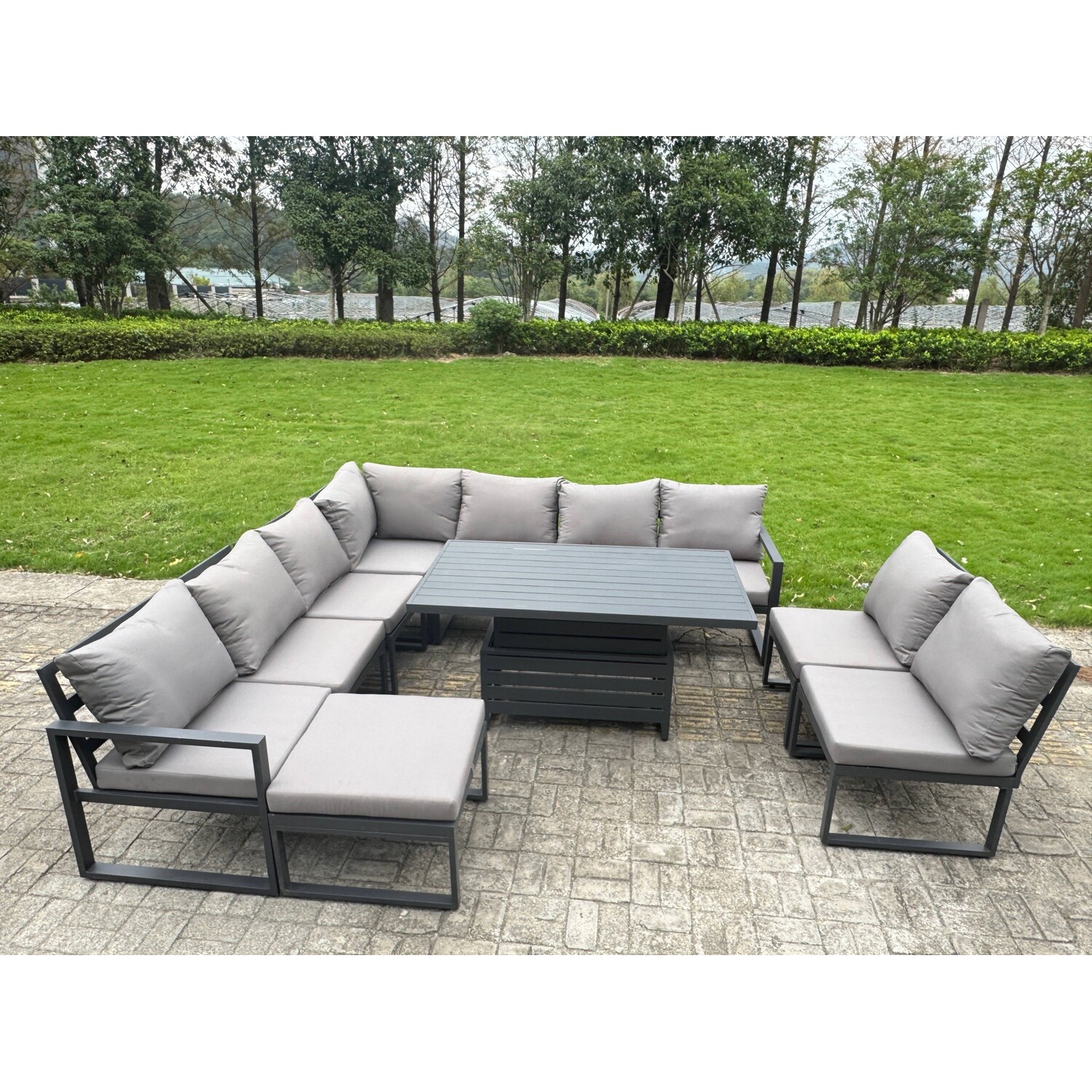 B&Q - 9 Pieces Aluminium Garden Furniture Set With With Adjustable Rising Lifting Dining Table Big Footstool Dark Grey - Image 2