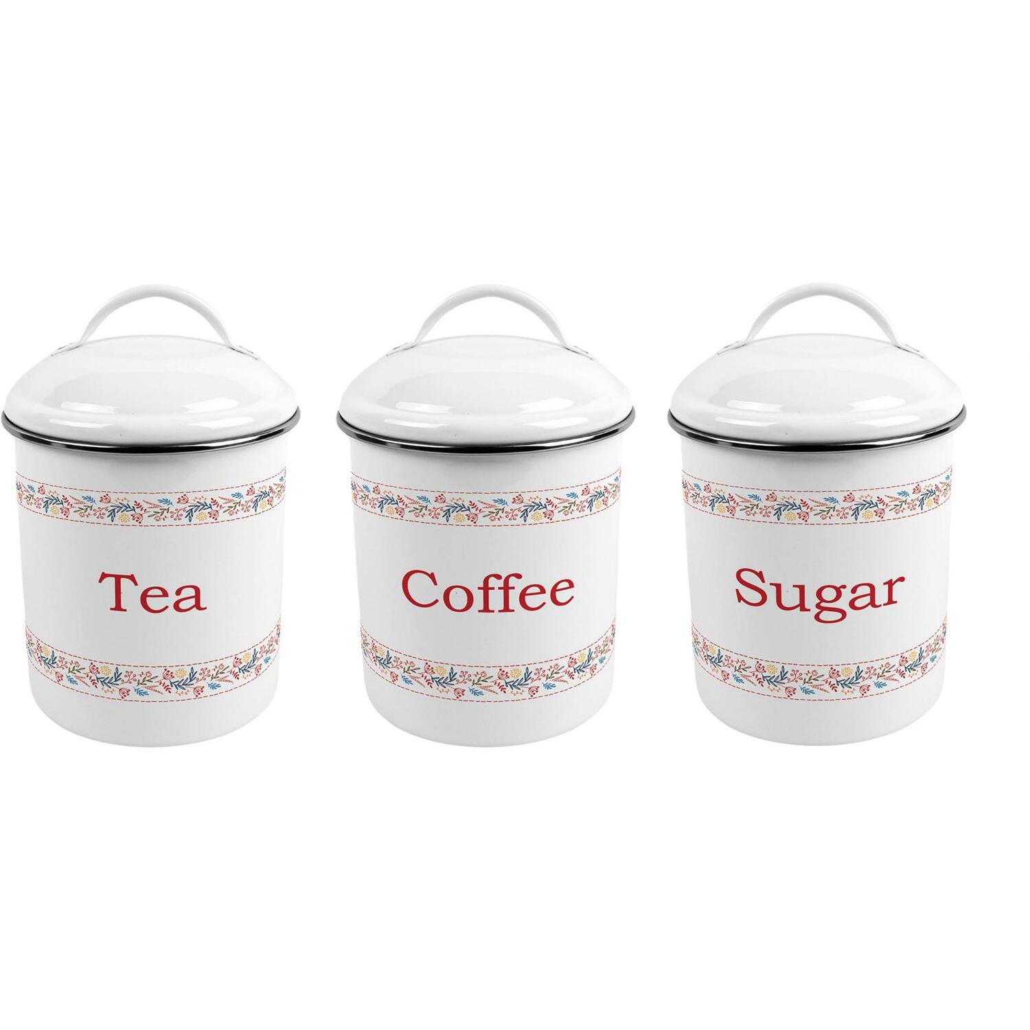 Purely Home Floral Embroidery Canister Set - Tea, Coffee & Sugar - Metal Kitchen Storage Containers - Red