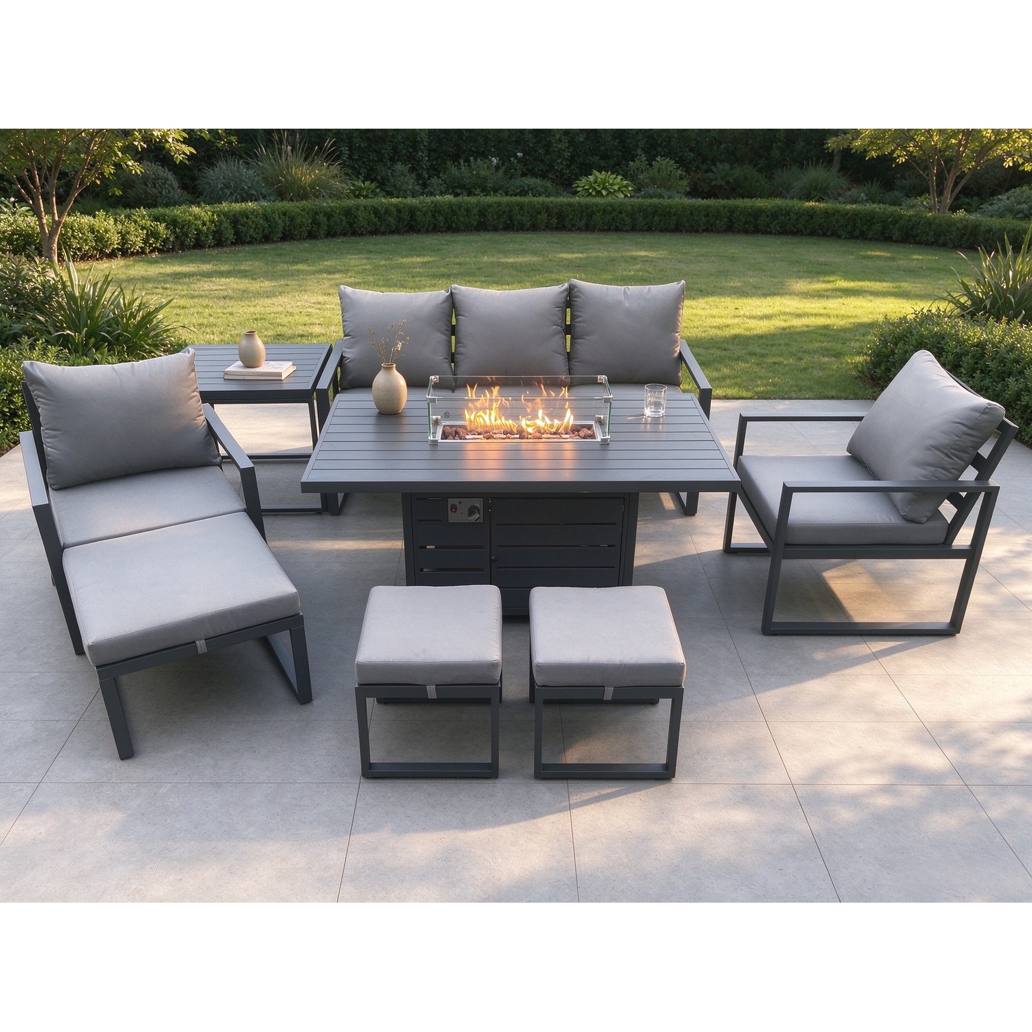 Fimous Dark/Grey Aluminium Patio Outdoor Garden Furniture Lounge Sofa Set Gas Fire Pit Dining Table With Side Table 3 Footstools - Image 2
