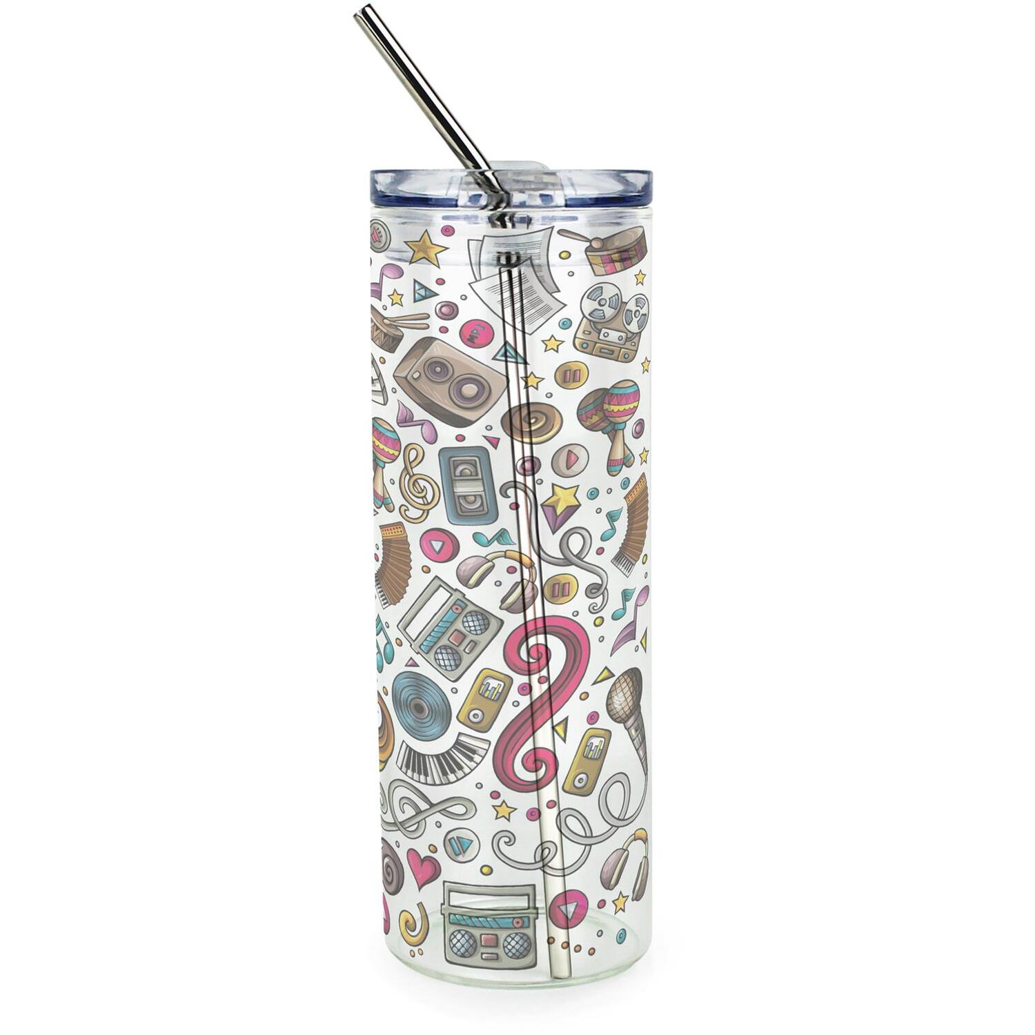 B&Q -  Music Themed Glass Travel FlaskMusical Instrument Gift For Music FansClear Glass Drinks Cup With Lid & Stainless Steel Straw - Image 3