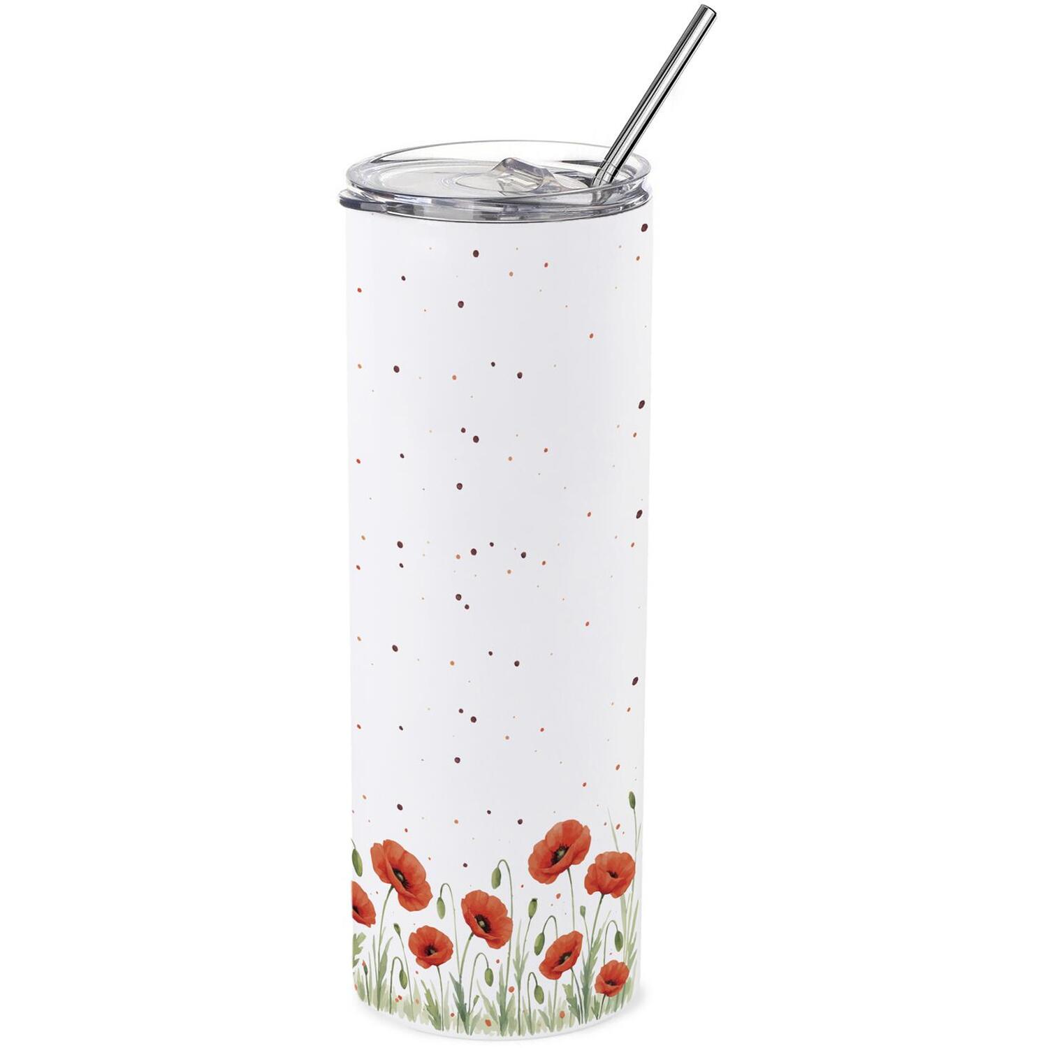 Summer Poppies Travel Flask - Reusable Stainless Steel Cup Gift with Straw - Image 2