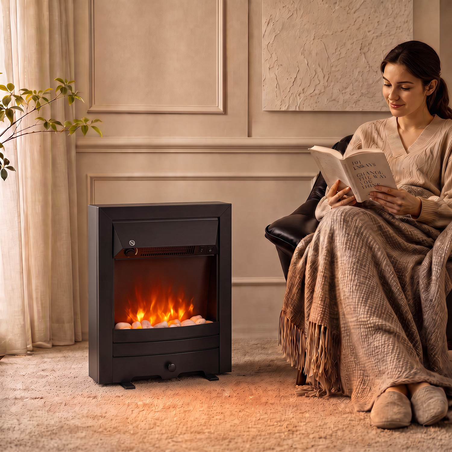 Homcom Black Electric Fireplace Stove Freestanding/Inset, 1000W/2000W - Matt - Image 2