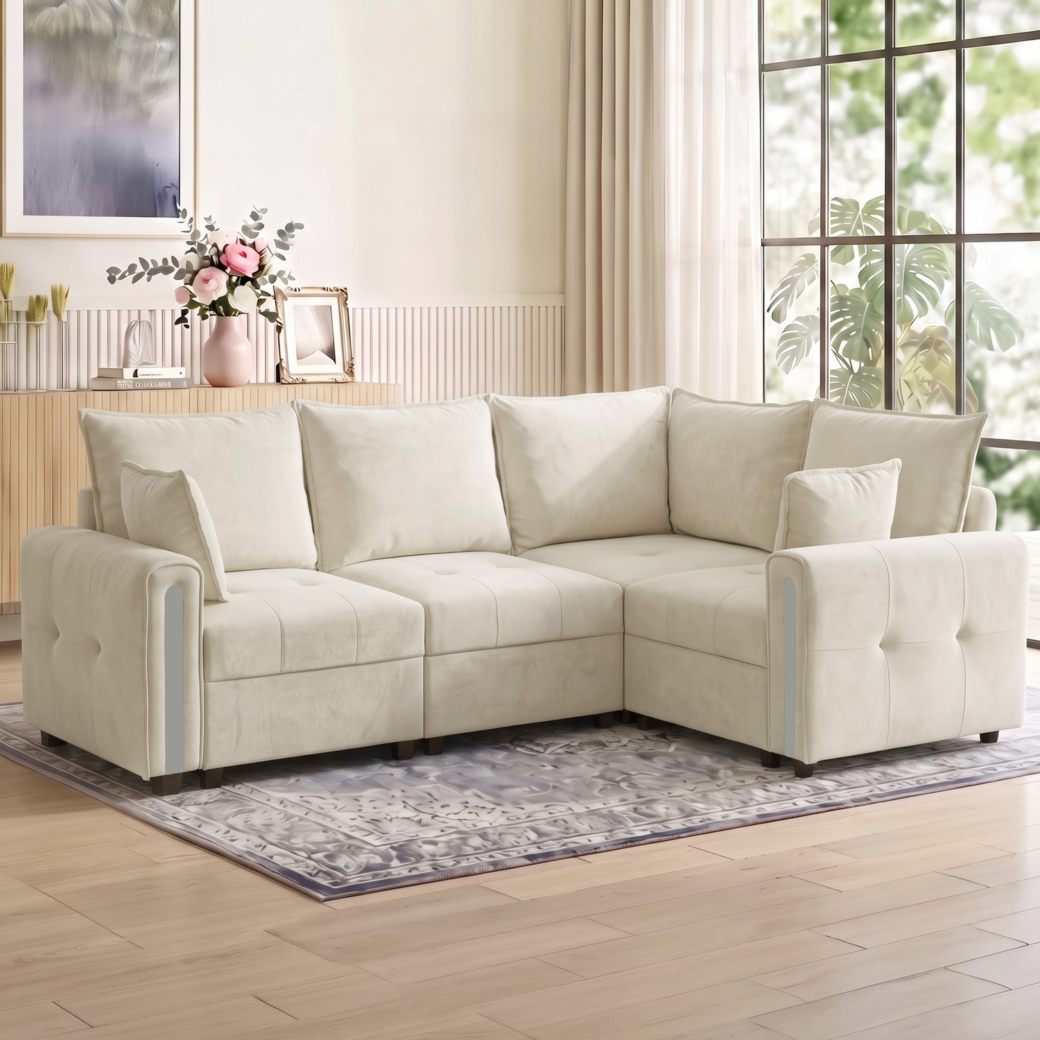 Homcom Beige 228Cm L Shaped Sofa With Lift-Up Storage, 3-Seater Sectional Sofa With Wide Deep Seat, - Image 3