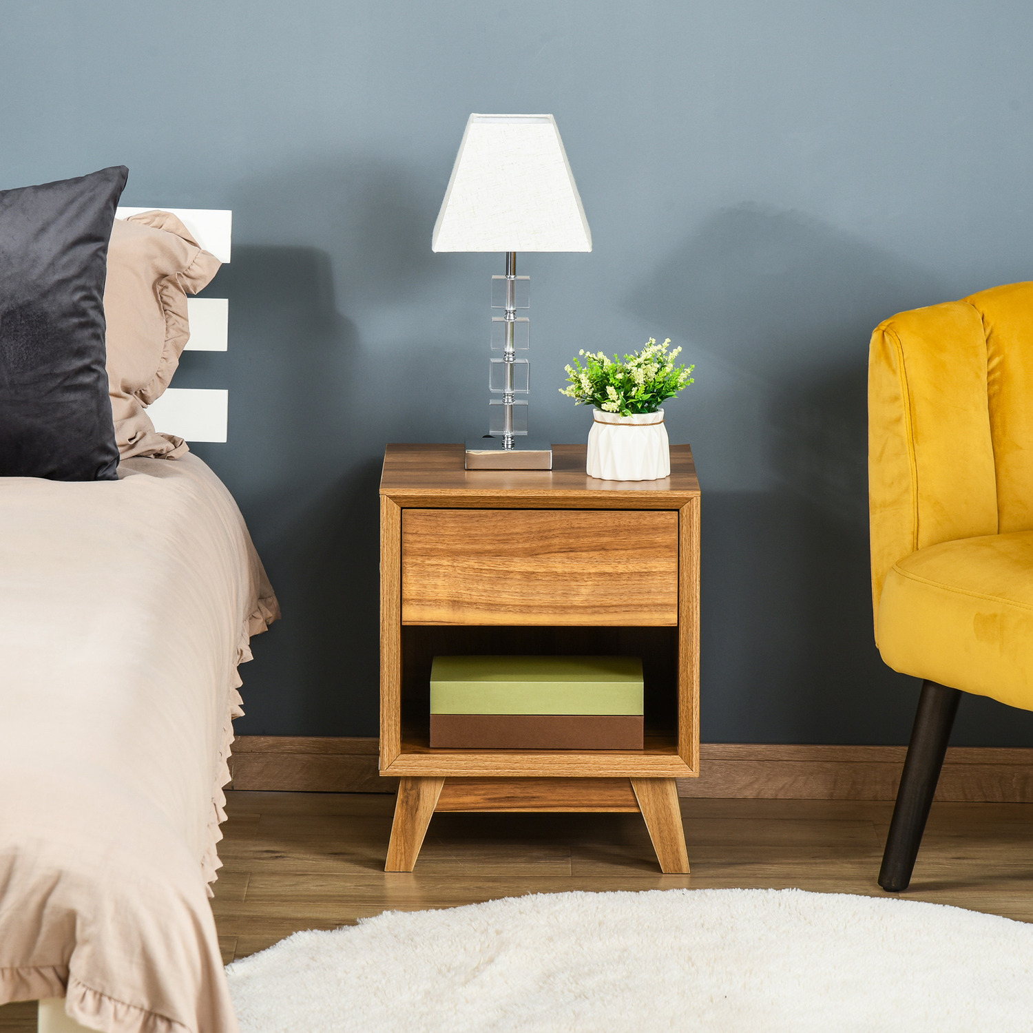 HOMCOM Modern Bedside Table Nightstand with Drawer and Shelf - Brown
