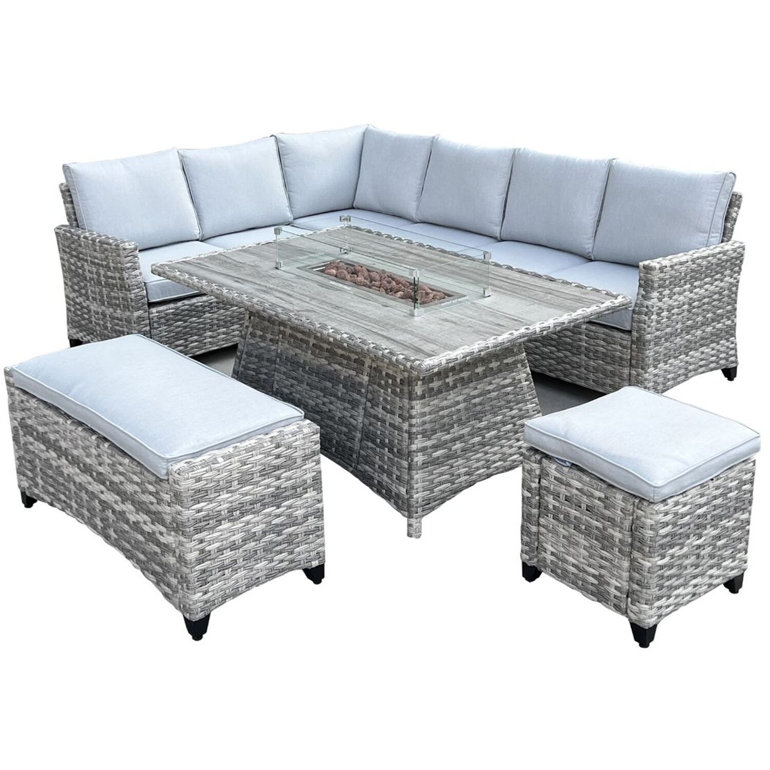 Outdoor Living - The Maldives Aluminium 9 Seat Corner Gas Firepit Rattan Dining Set - Grey thumbnail
