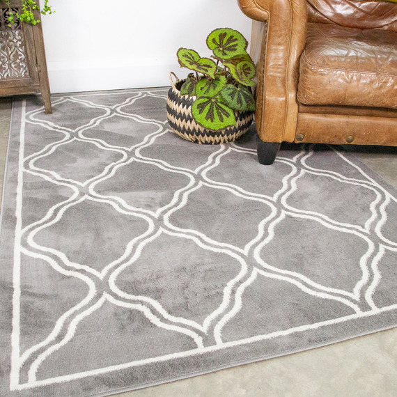 Grey Bordered Geometric Trellis Living Area Rug