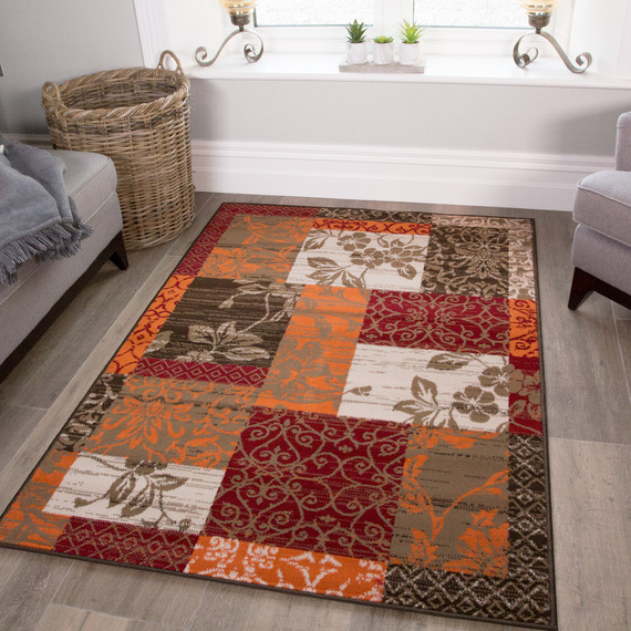 Red Terracotta Brown Floral Patchwork Living Room Rug