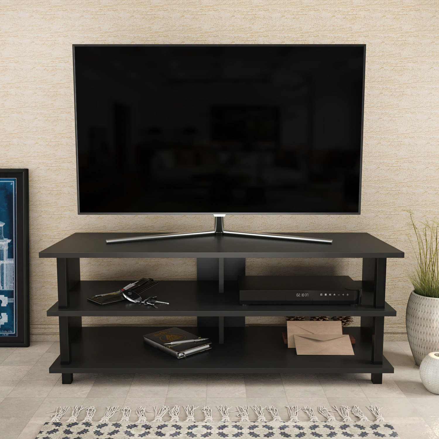 Pueblo Modern TV Unit TV Stand with Shelves - Anthracite&Black