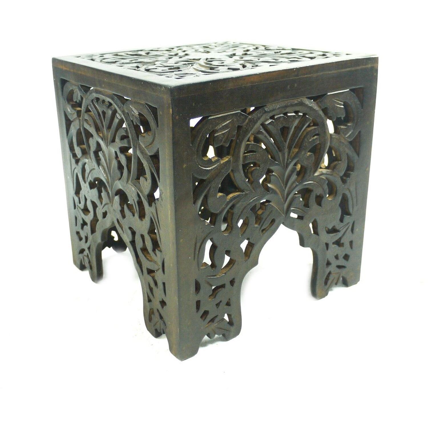 Beautiful Square Carved Indian Wooden Side End Coffee Table - Dark Brown Yes 30cm