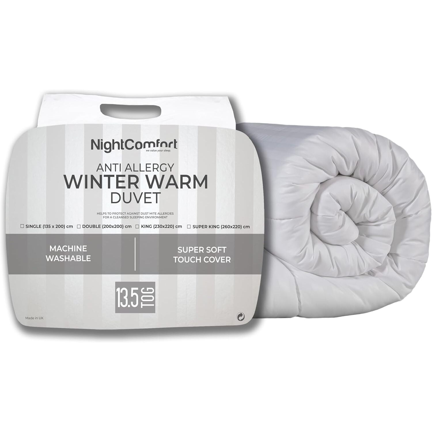 Nightcomfort Winter Warm Hypoallergenic 13 5 Tog Satin Stripe Duvet - White Single