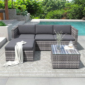 Outdoor Corner Sofa Set with Glass Top Coffee Table