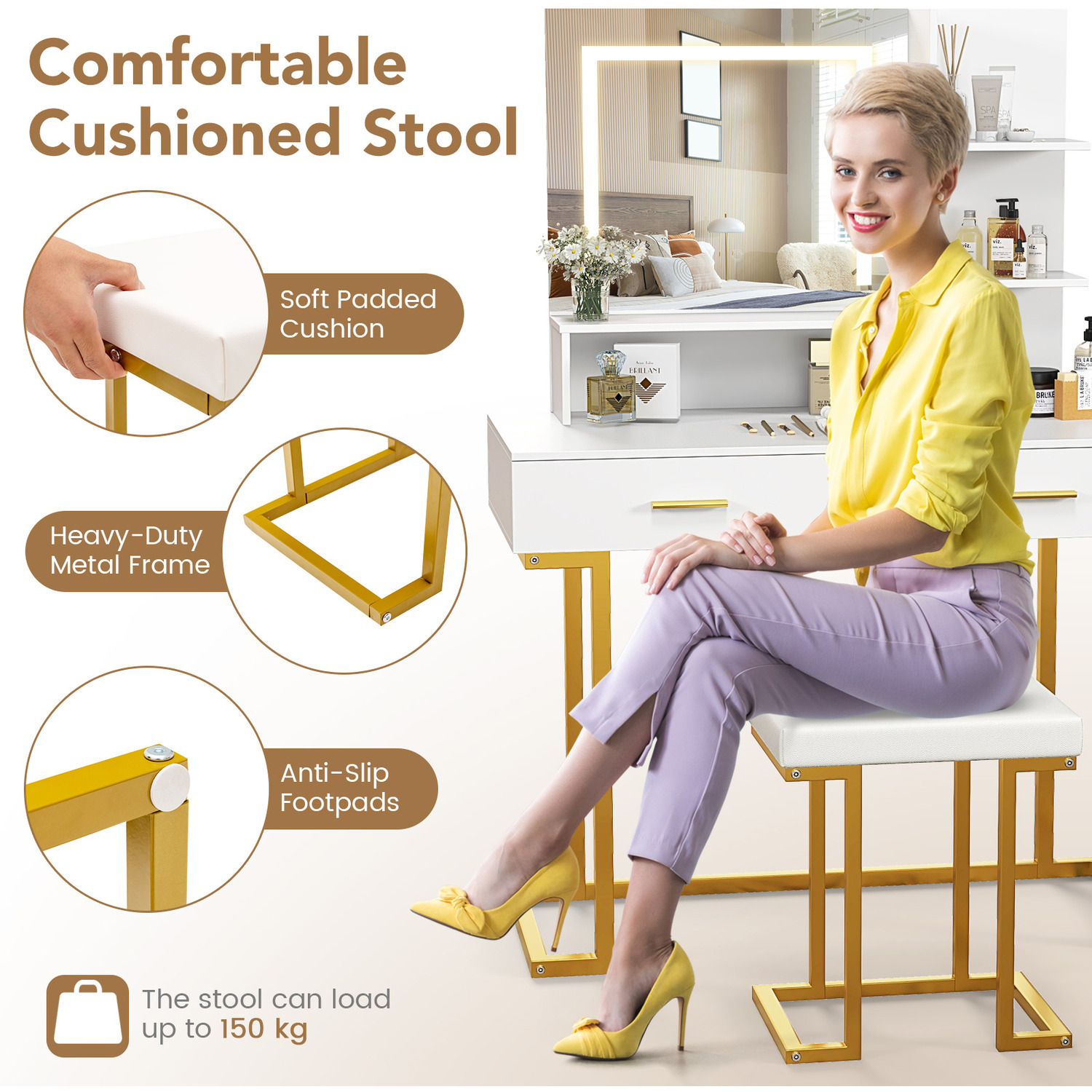 Mirror Makeup Vanity Table With Cushioned Stool - White