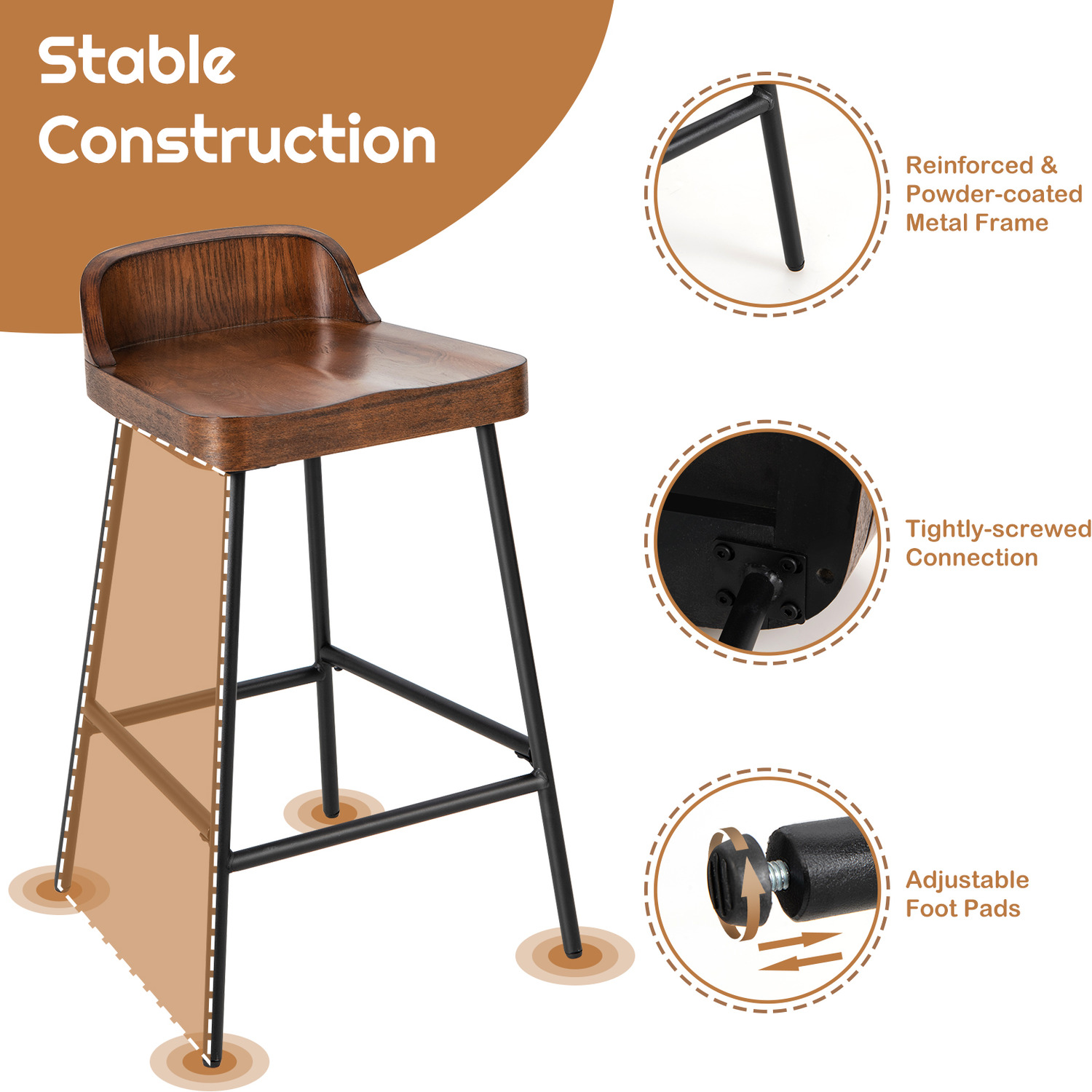 Height Pub Stool Bar Stools With Backrest Saddle Seat - Brown Iron Mdf