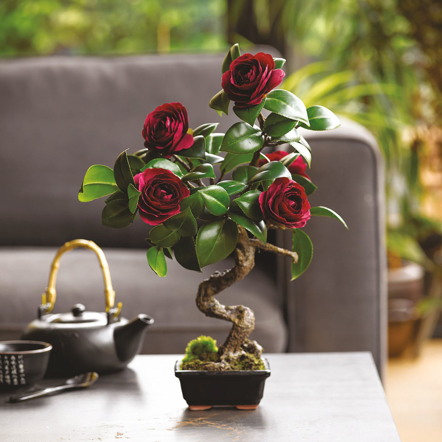 Artificial Ruby Camellia Bonsai Tree Plant In Planter - Ruby