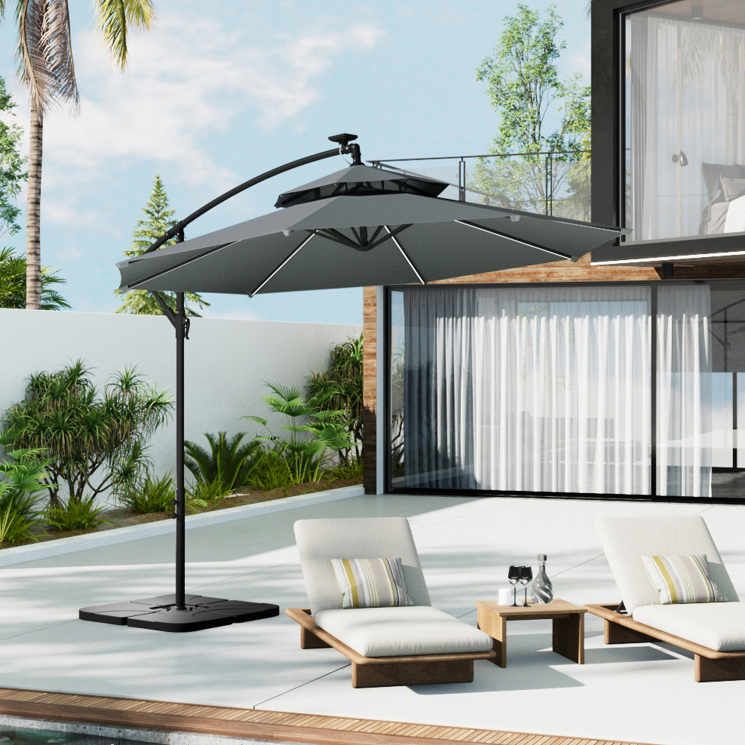 3m Cantilever Parasol With Lights And Fillable Base - Dark Grey 1 Outdoor Polygon Parasol And 1 Hdpe Parasol Base