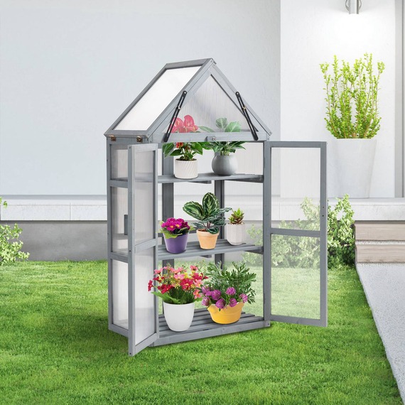 BIRCHTREE 3 Tier Wooden Frame Greenhouse Flower Vegetable Planting G01 Grey