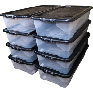 8 x 42L Clear Under Bed Storage Box with Black Lid, Stackable Design