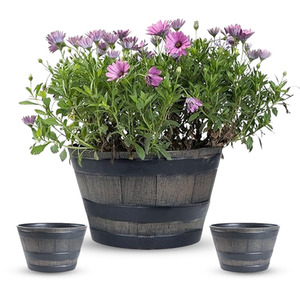 Round Half Barrel Flower Wooden Oak effect Planter Pots Pack of 4