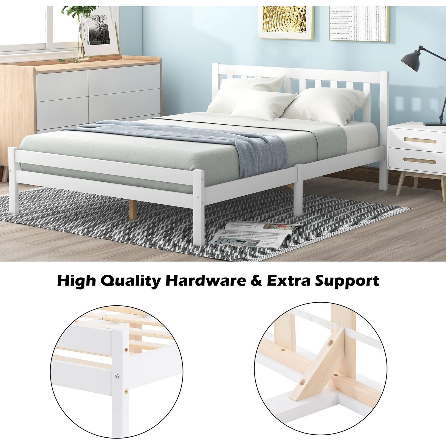 Double Wooden Bed Frame For Bedroom - White