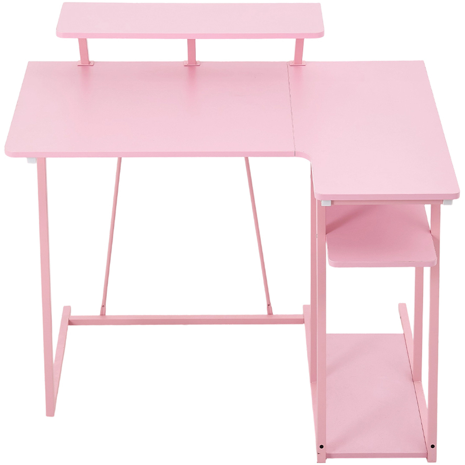 L-shaped Gaming Desk With Monitor Stand And Headphone Hook - Pink