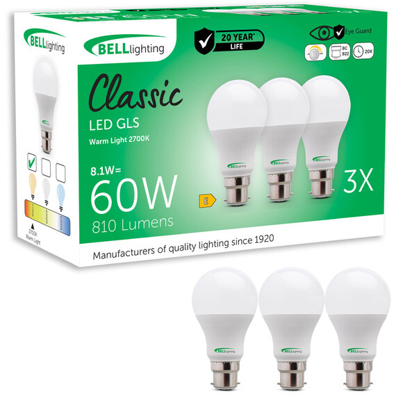 B22 Bayonet Dimmable LED GLS Light Bulb 810 Lumen 8 Watt Energy Saving Bulbs