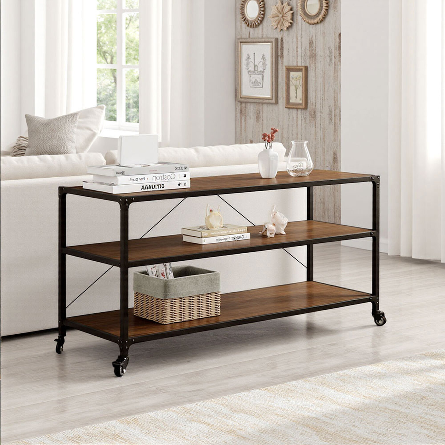 Wood Mobile Rack 3-Tier Mobile Wooden Storage Rack
