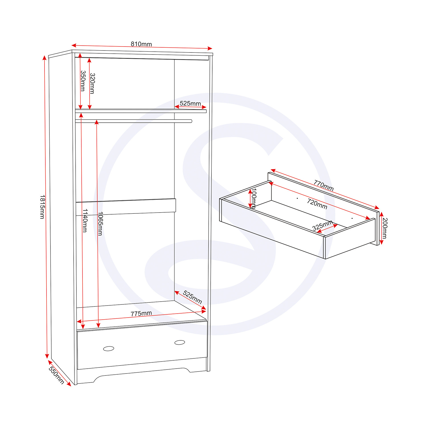 Carlton 2 Door 1 Drawer Wardrobe - Medium Oak