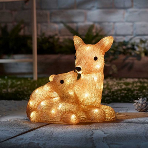 Frosted Christmas Doe and Fawn with Warm White LEDs