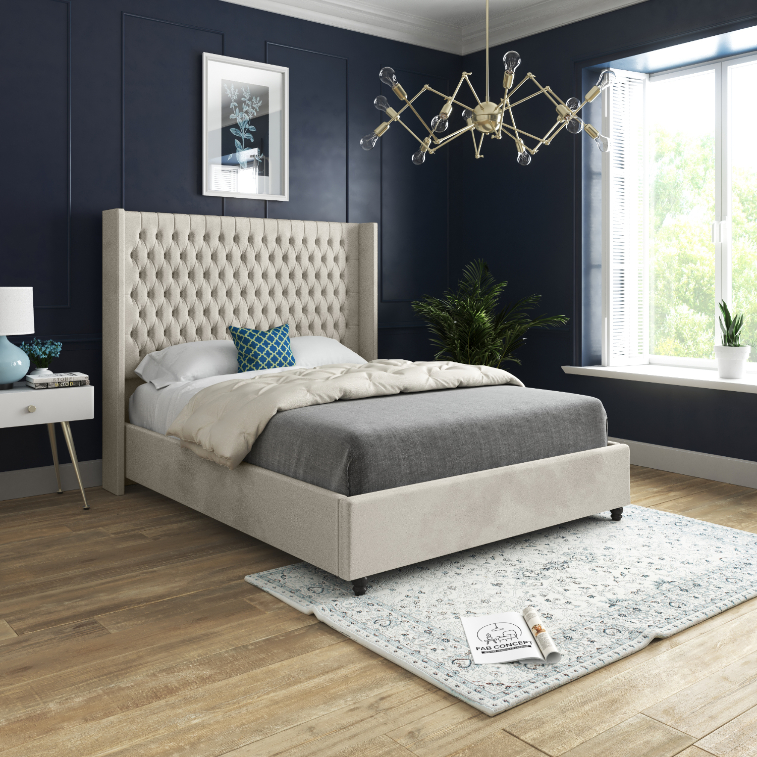 Serenova Soft Velvet Upholstered Straight Winged Bed Frame - Cream King