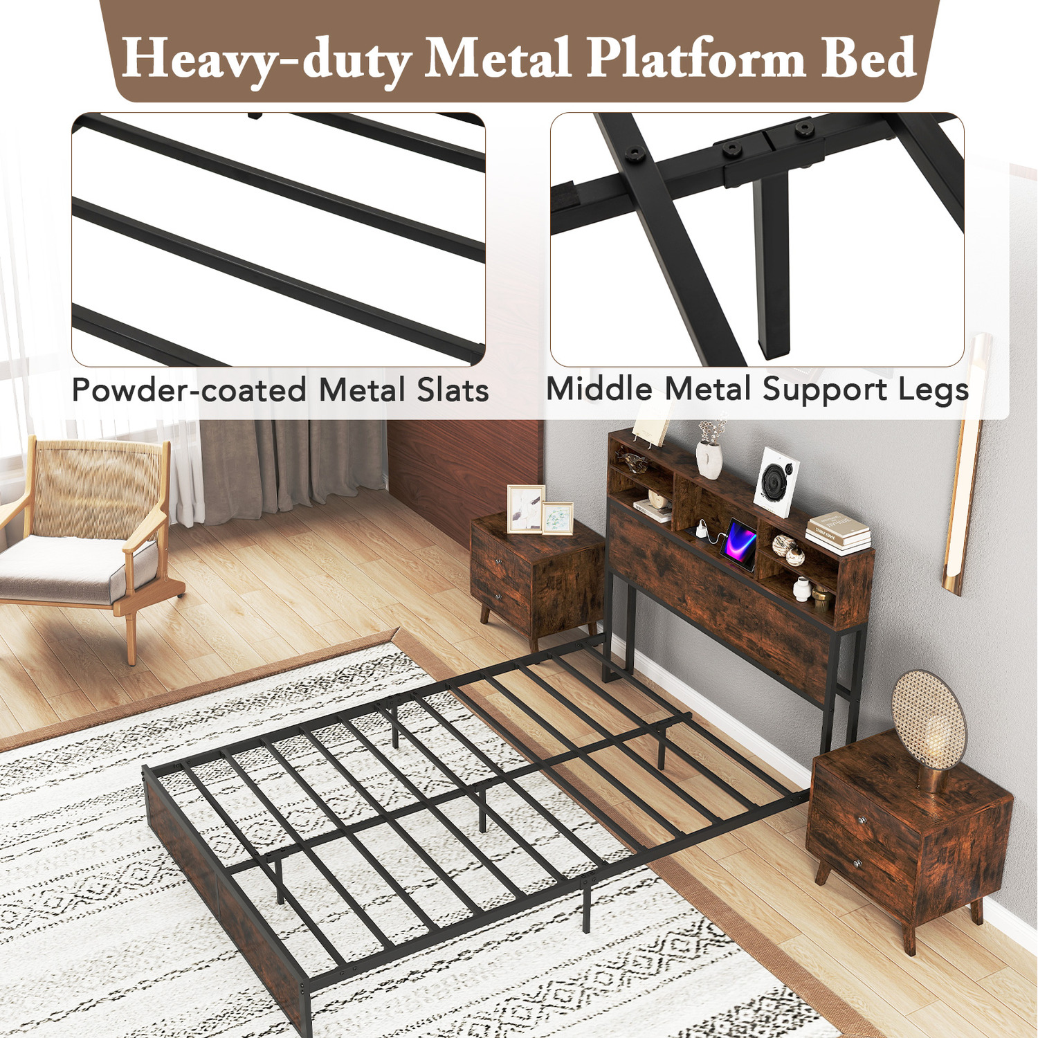 Industrial Metal Slats Support Platform Bed Base - Brown