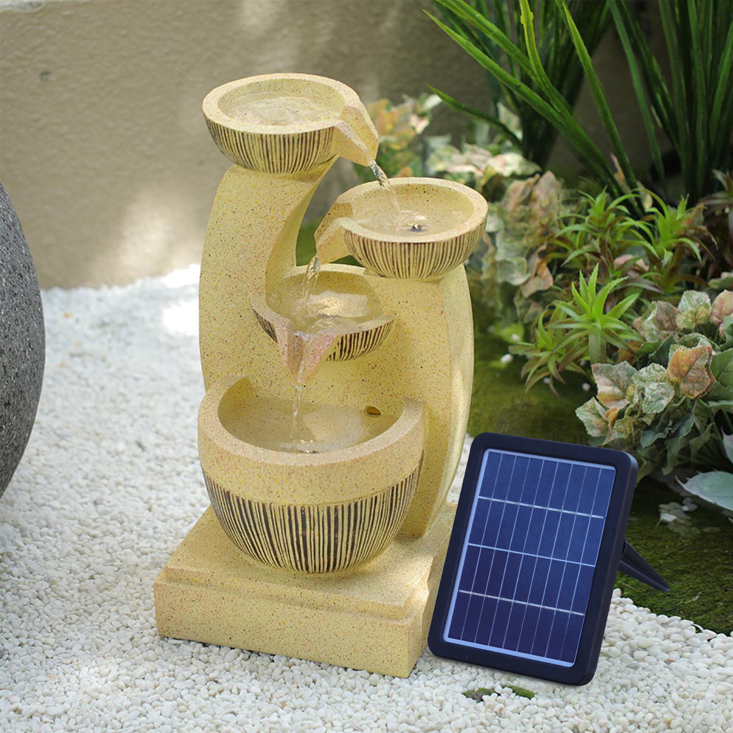 Outdoor Cascading Bowls Solar Fountain with LED Lights - Yellow