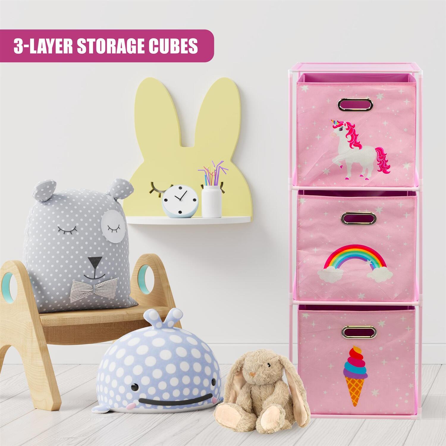 Set Of 3 Kids Unicorn Storage Cubes - Pink
