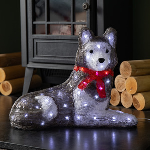 Acrylic Christmas Husky with Red Scarf Decoration and LEDs