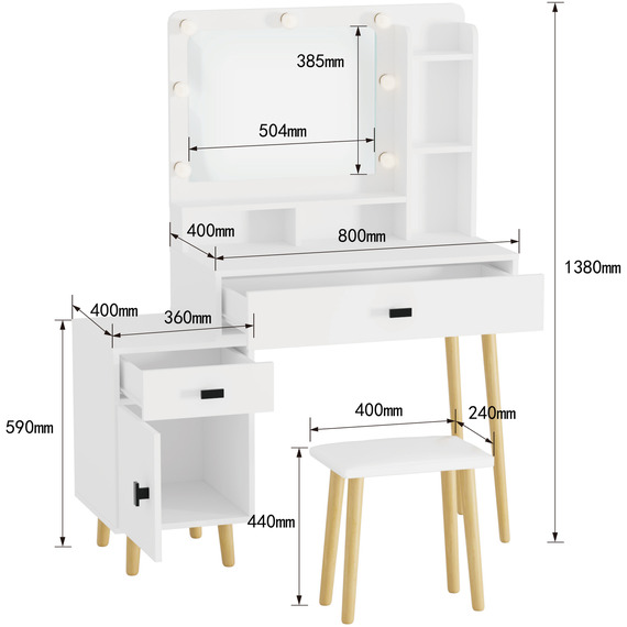 Forta Dressing Table with Storage Cupboard, LED Mirror and Stool