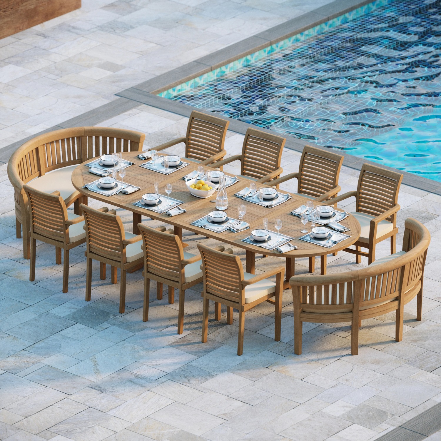 Athens Teak Garden Dining Table And 10 Seat Chair Set - Teak Table 8 Chairs 2 Benches Green Cushions