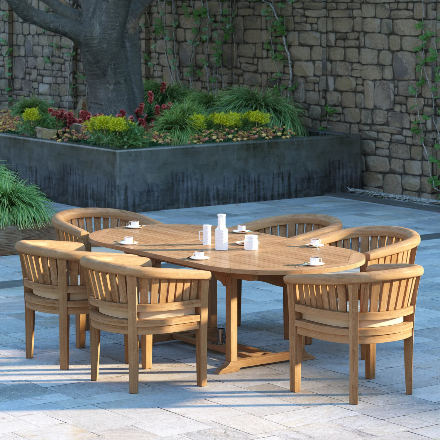 Salerno Teak Garden Dining Table And 6 Seat Chair Set - Teak Table 6 Chairs Black Cushions