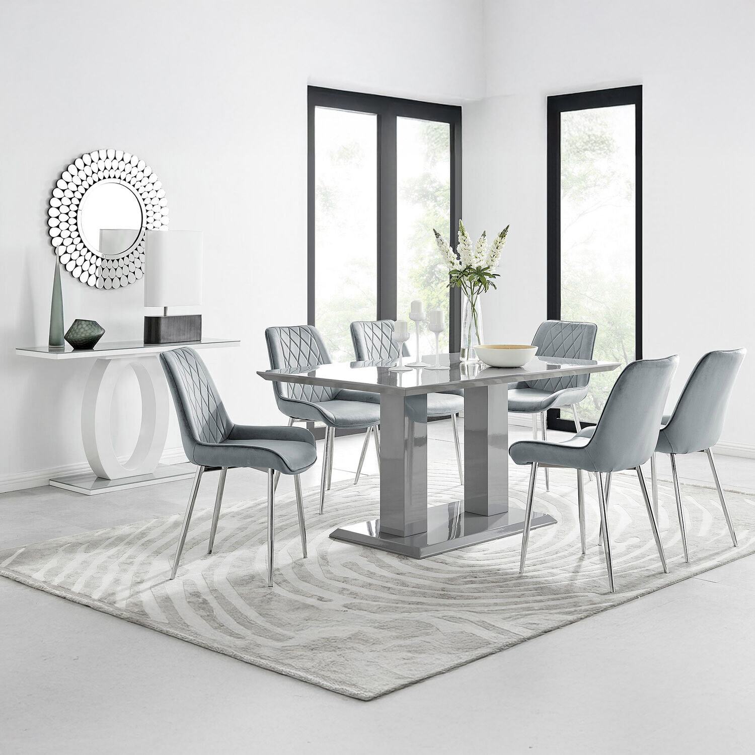 Imperia 6 Grey Dining Table and 6 Pesaro Silver Leg Chairs - Grey