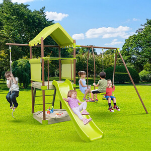 7-in-1 Swing Set Outdoor Metal Playset with Covered Fort