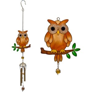Charming Brown Owl Windchime with Glitter Details - Garden Decor  Sound