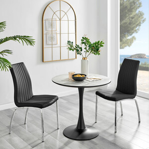 Elina White Marble Effect Round Dining Table and 2 Isco Chairs
