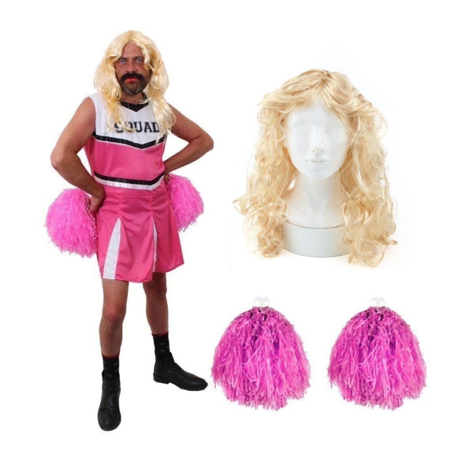 Pink Cheerleader Costume with Wig & Pom Poms