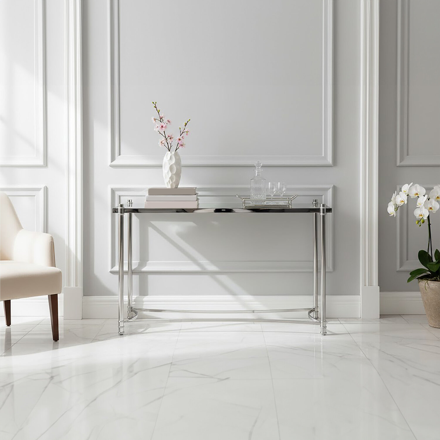 Ackley Silver Console Table with Clear Glass - Silver