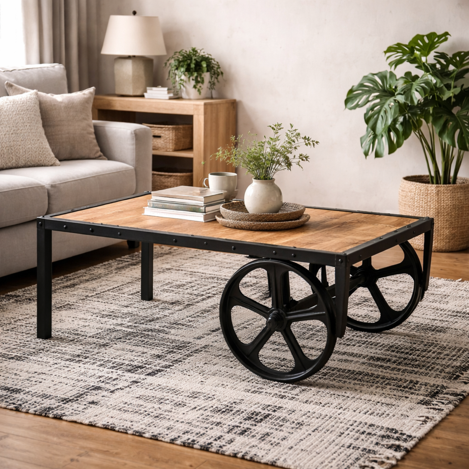 Toivakka Reclaimed Hardwood and Iron Coffee Table with Wheels Matt - Brown