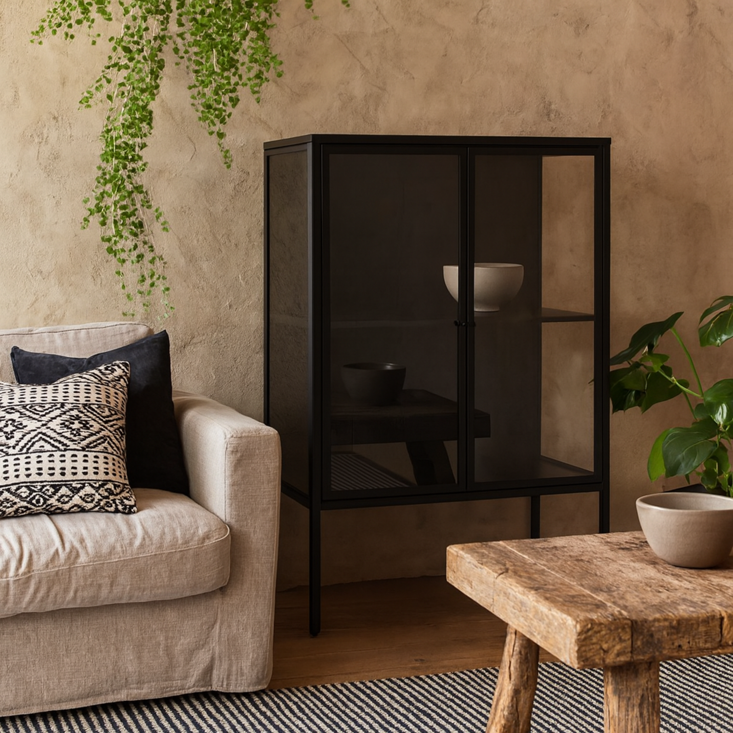 Graz Matt Metal Low Display Cabinet 2 Doors - Black