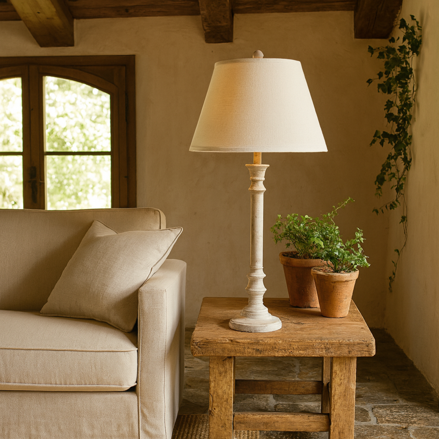 Collonges Slim Pillar Table Lamp with Linen Shade - White