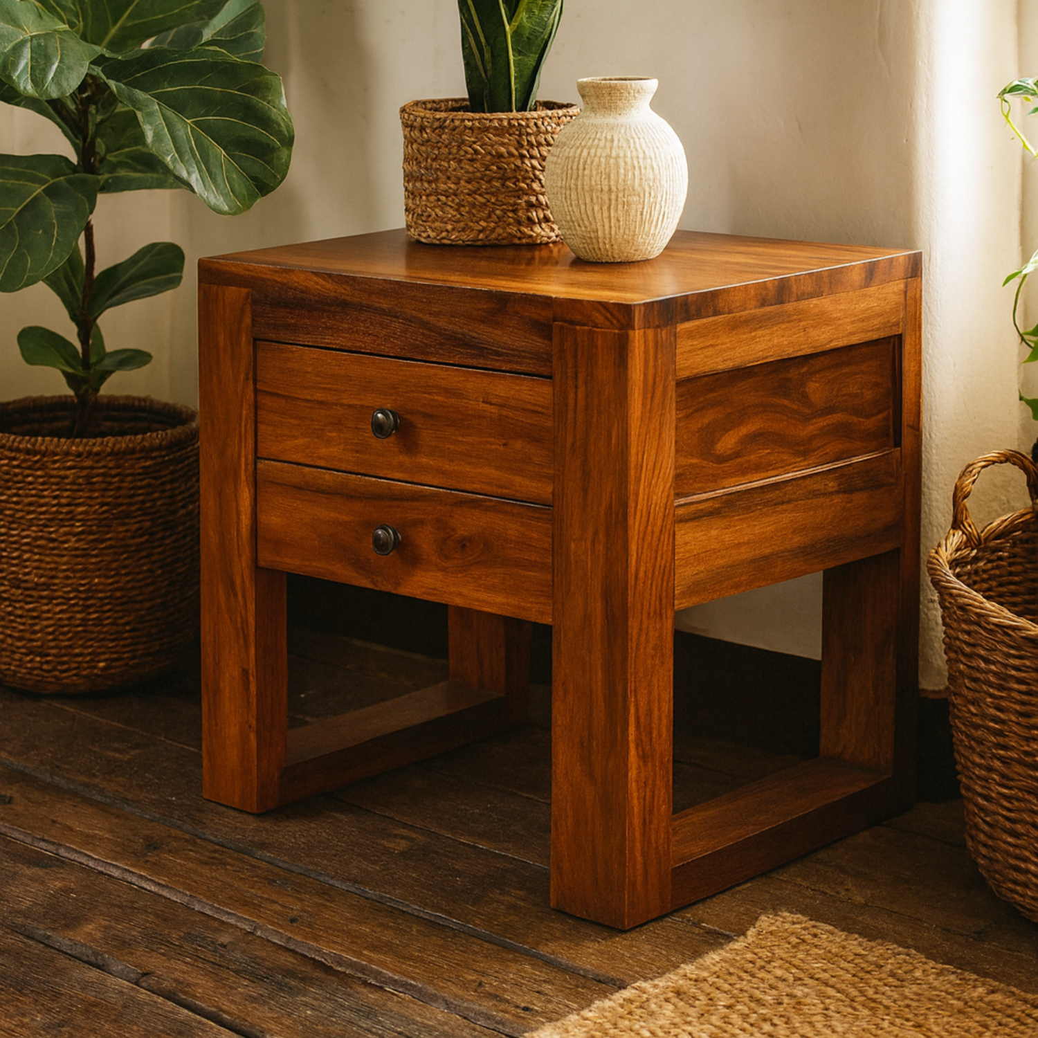 Collioure U Square Honey Sheesham Bedside Table - Brown