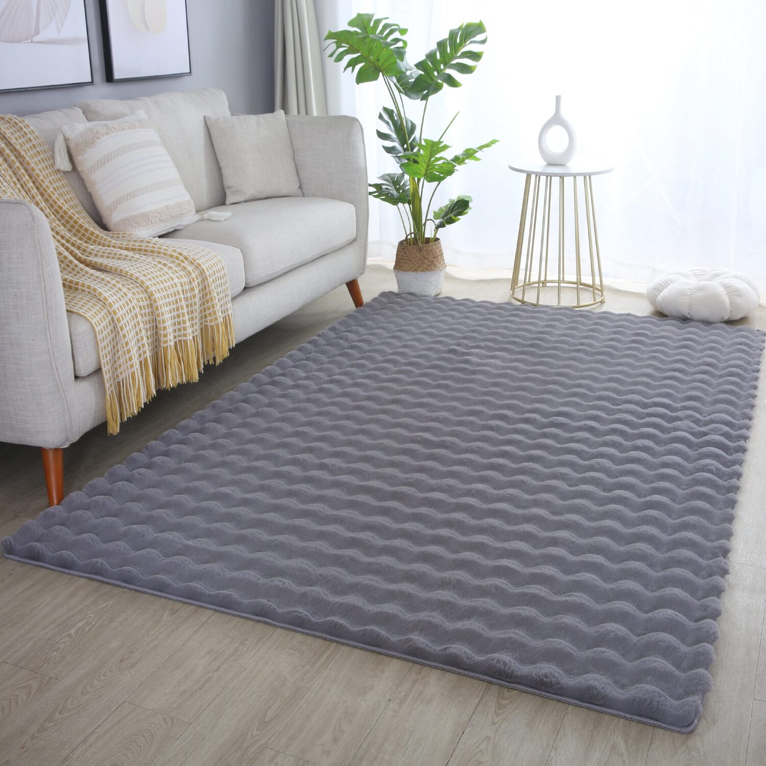 Orbie Washable Low Pile Super Soft Living Room Area Rug Machine Carved Ridge-Furrow Design - Anthracite / 120cm / 160cm